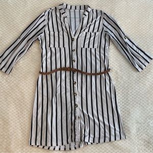 Large Striped Button Down Polyester Dress With Braided Belt
